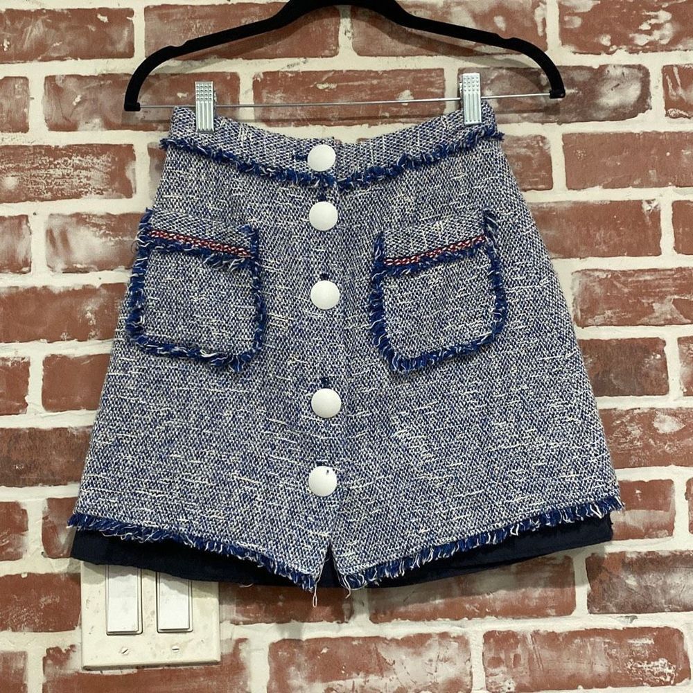 Zara Blue White Tweed Fringe Big White Buttons Mini Skirt Sz XS